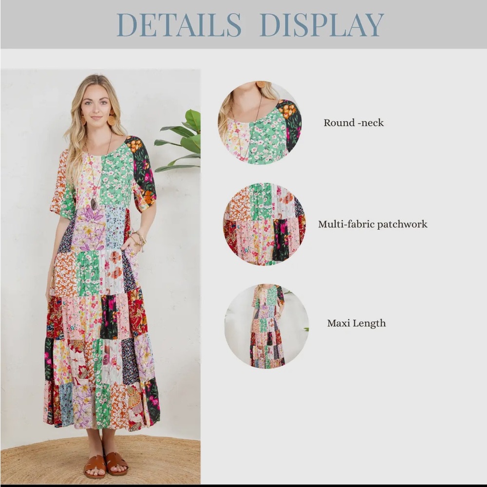 YOUNG THREADS Boho Multicolor Floral Patchwork Flowing Tiered Maxi Dress, M - Picture 6 of 8